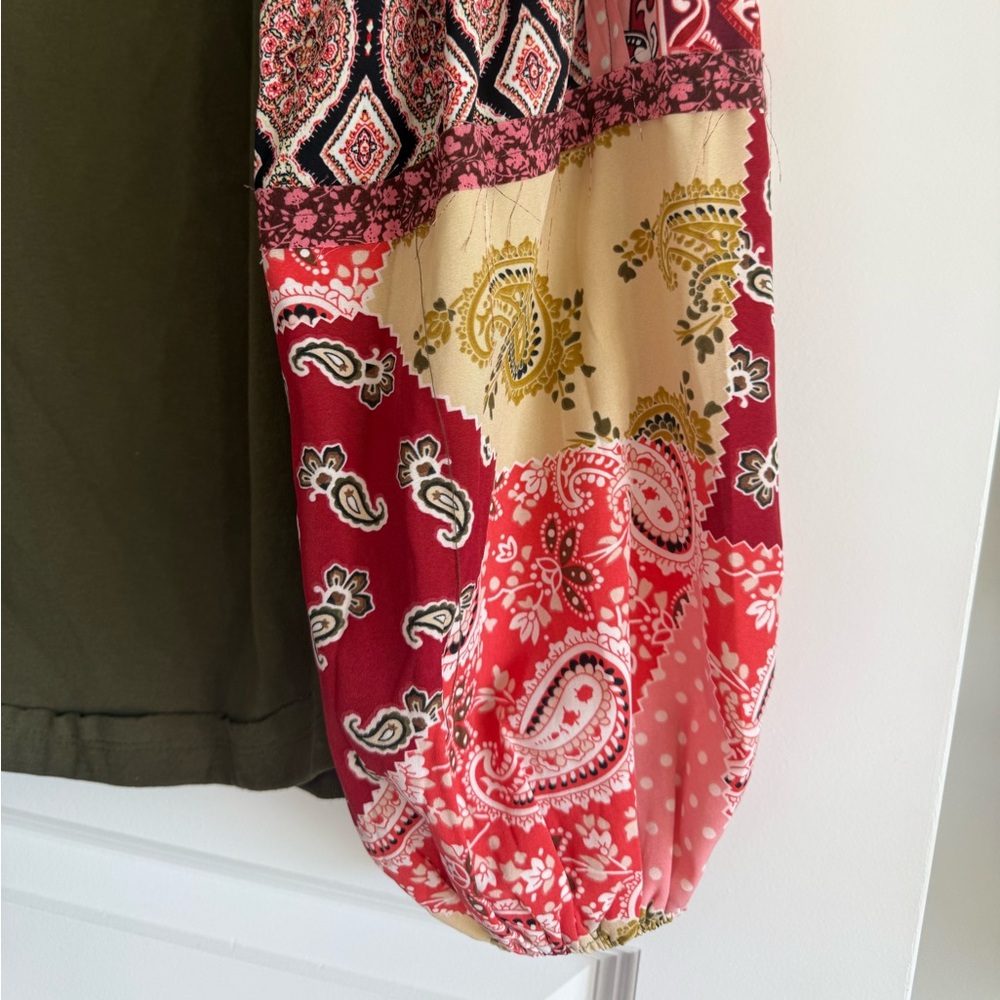 Easel Boho Olive Top Patchwork Balloon Sleeves NW… - image 5